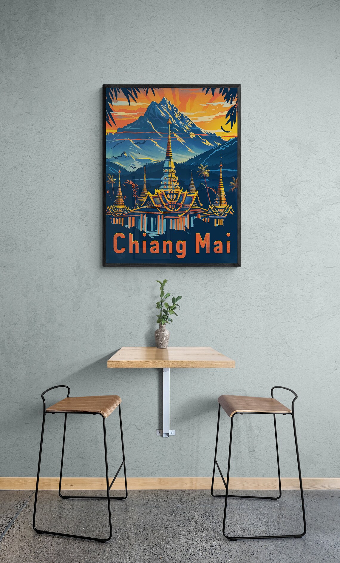 Chiang Mai Golden Temple Chedi Mountain Sunset Thailand Travel Poster - Image 4