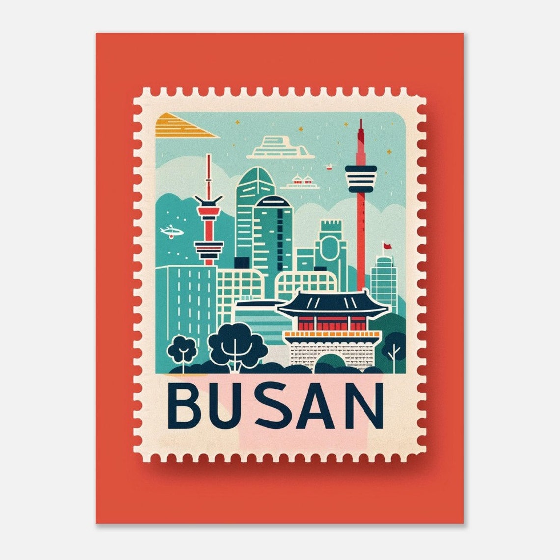 Busan Korea Harbor Skyline Temple Gate Stamp Travel Art Poster - Image 2