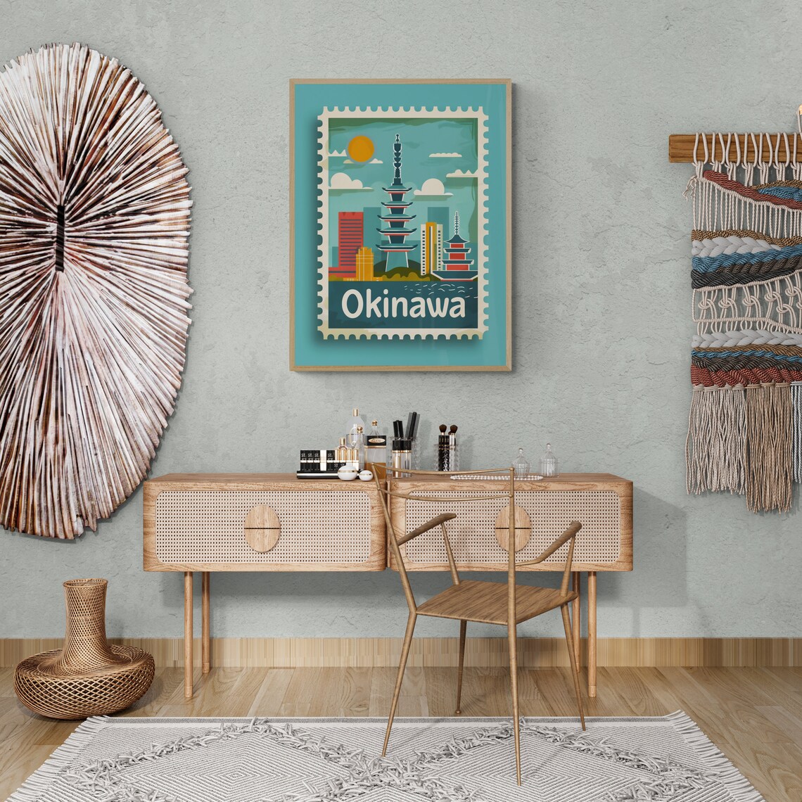 Okinawa Japan Pagoda City Skyline Vintage Travel Stamp Poster - Image 5