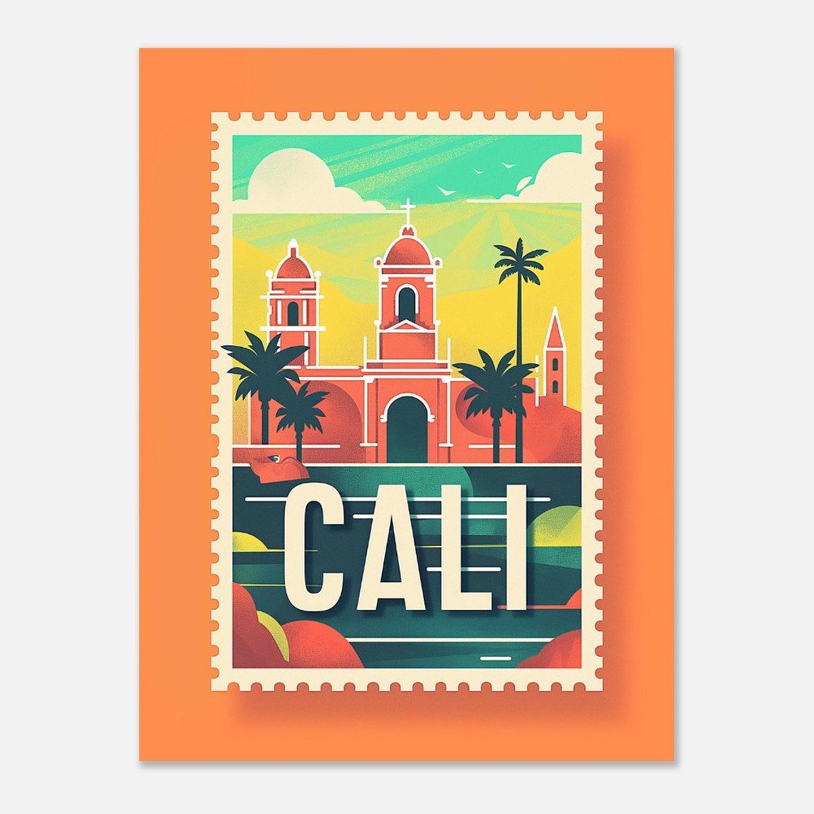 Cali Colombia Church Palms Vintage Travel Stamp Style Poster - Image 2