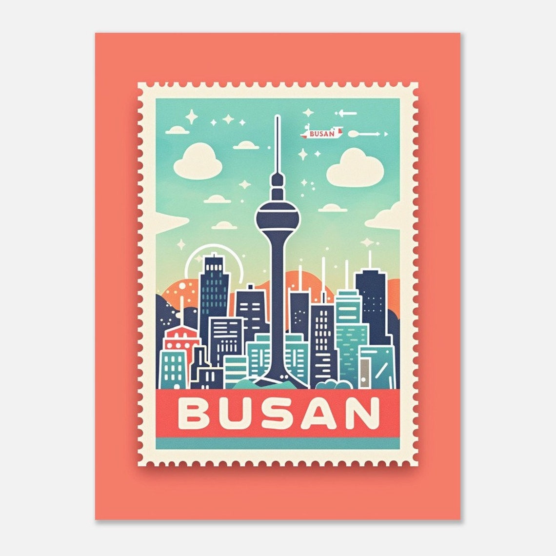 Busan South Korea Tower Skyline Retro Stamp Travel Art Poster - Image 2