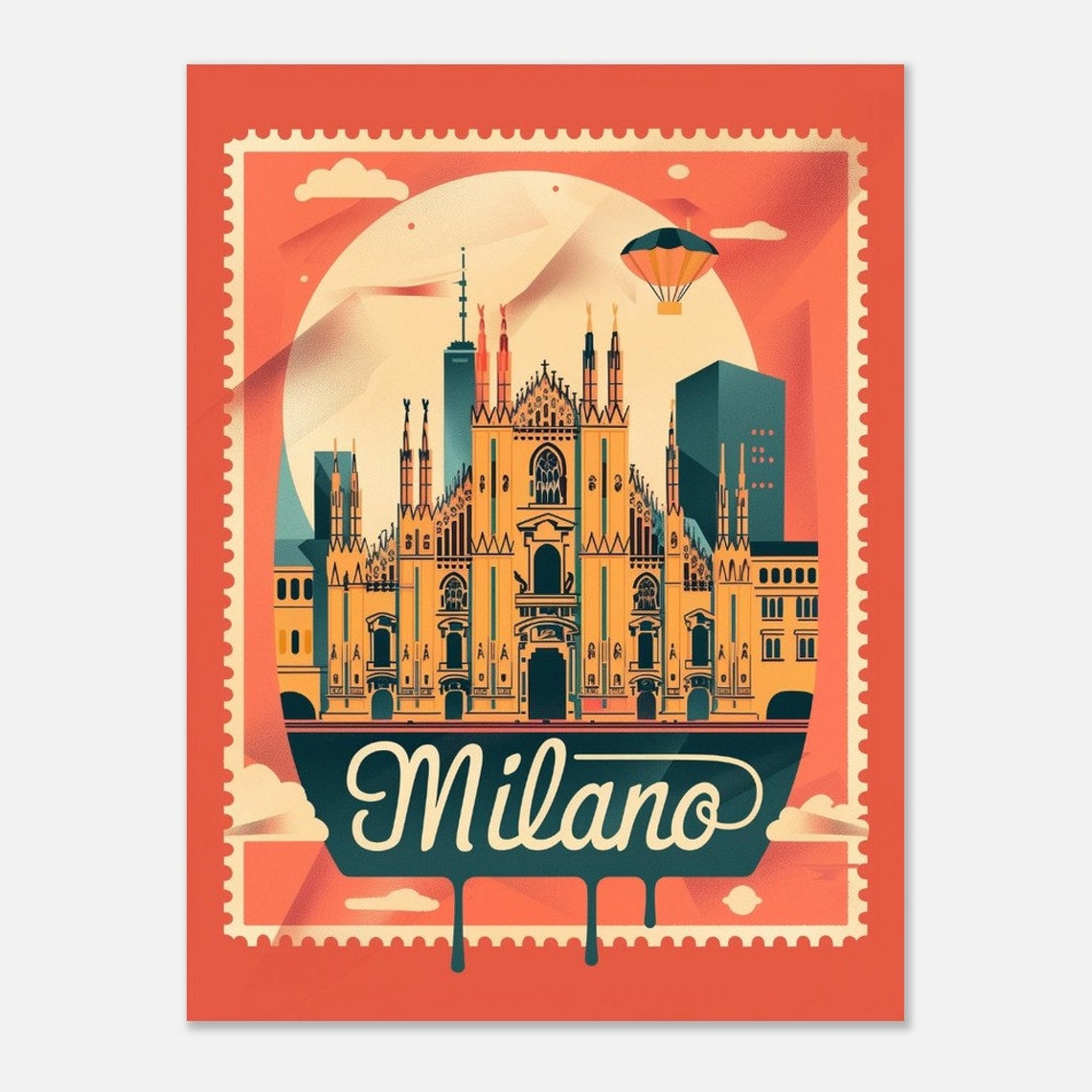 Milan Duomo Cathedral Retro Stamp Style Coral Italy Travel Poster - Image 2