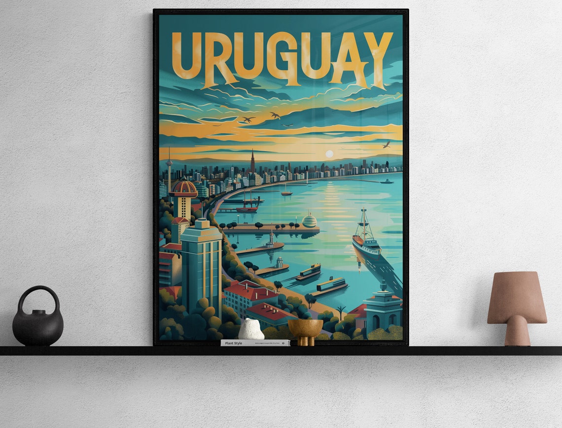 Uruguay Harbor Sunset Boats Coastal City Panorama Travel Poster