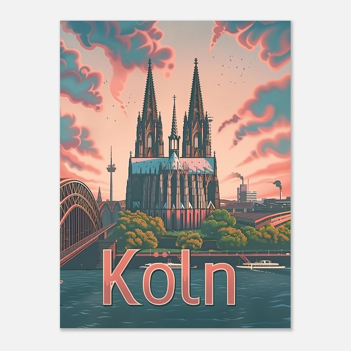 Koln Cologne Cathedral Rhine Bridge Pink Sky Vintage Travel Poster - Image 2
