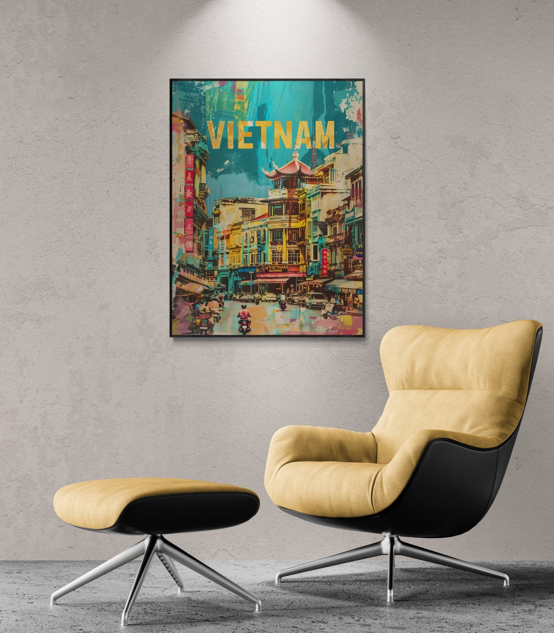 Vietnam Busy City Street Pagoda Motorbikes Painterly Travel Poster - Image 4