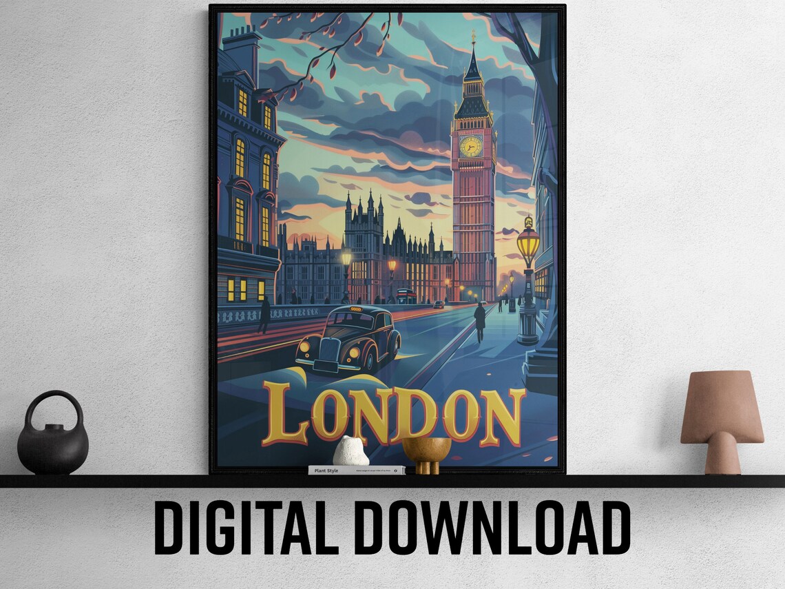 London Big Ben Vintage Black Cab on Dusk Street Travel Poster