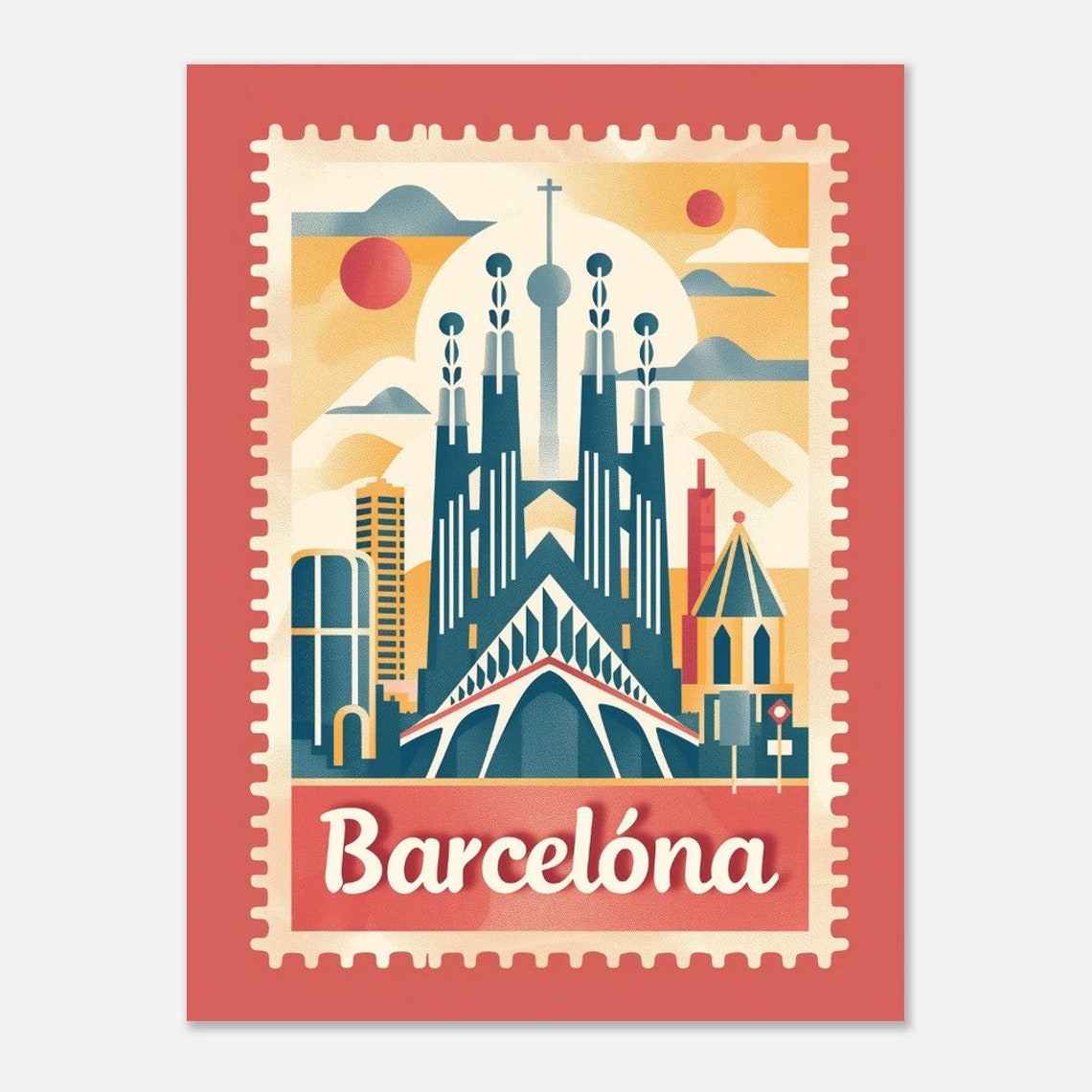 Barcelona Spain Sagrada Familia Spires Sunset Stamp Travel Poster - Image 2