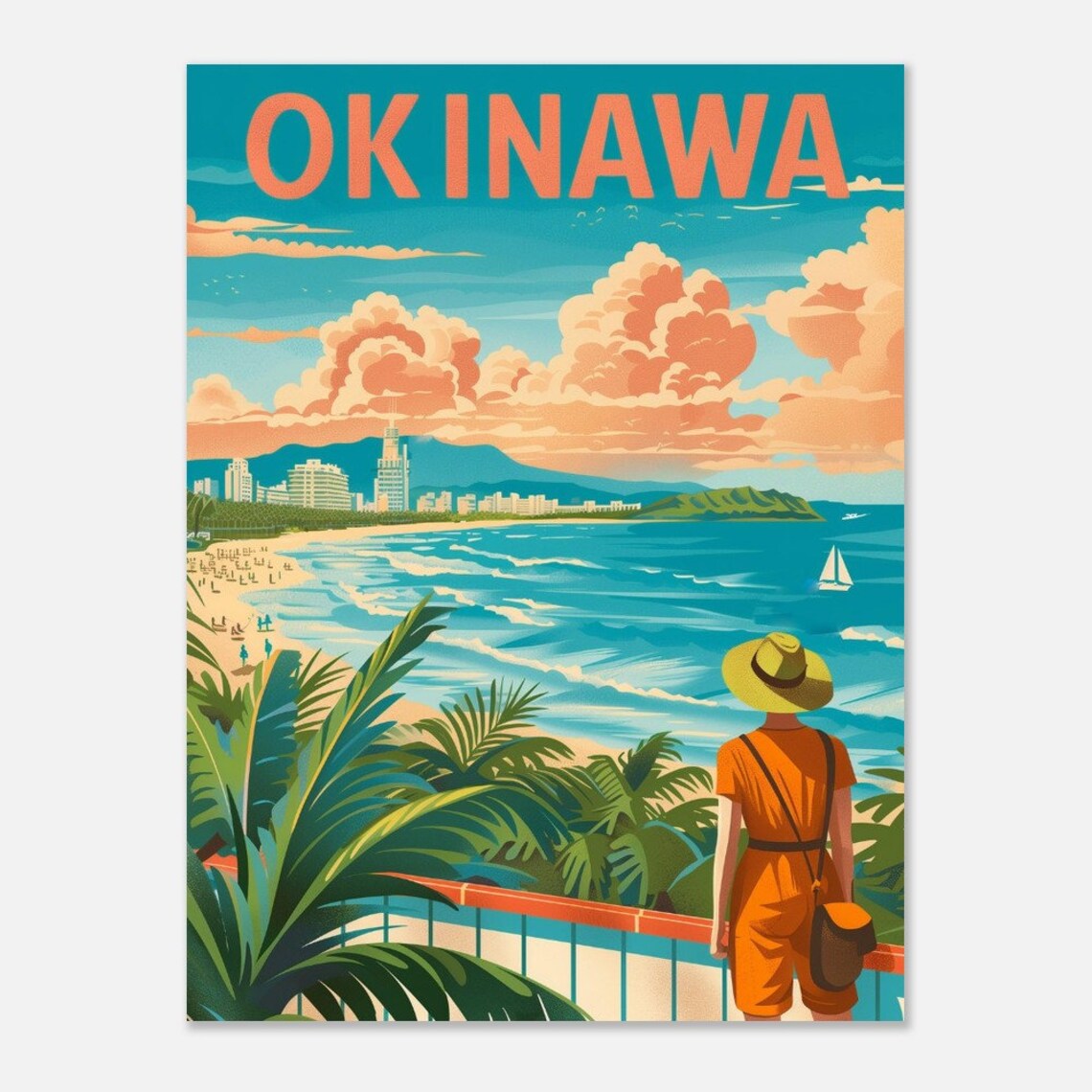 Okinawa Turquoise Beach Woman Yellow Hat Tropical Travel Poster - Image 2