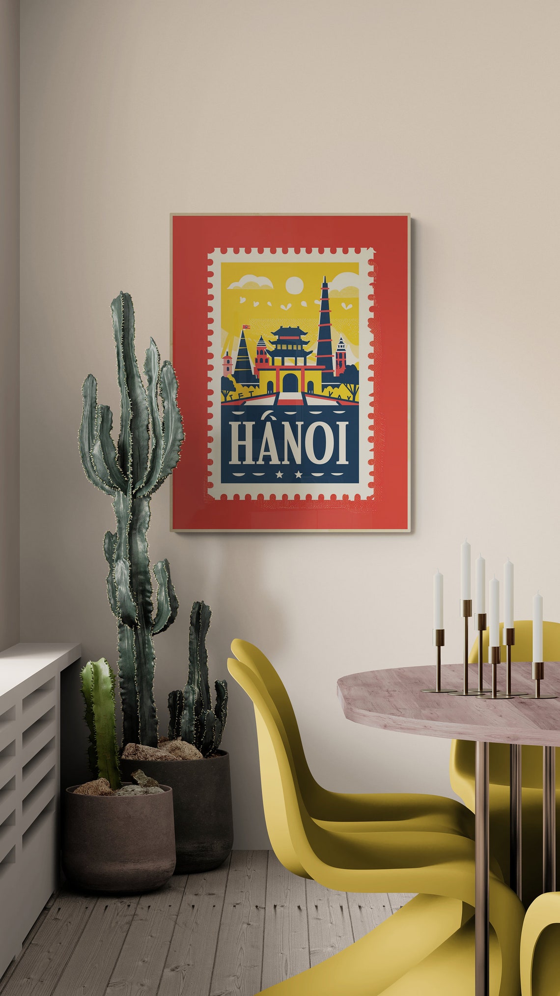 Hanoi Vietnam Temple Gate Flag Tower Retro Stamp Travel Poster - Image 4