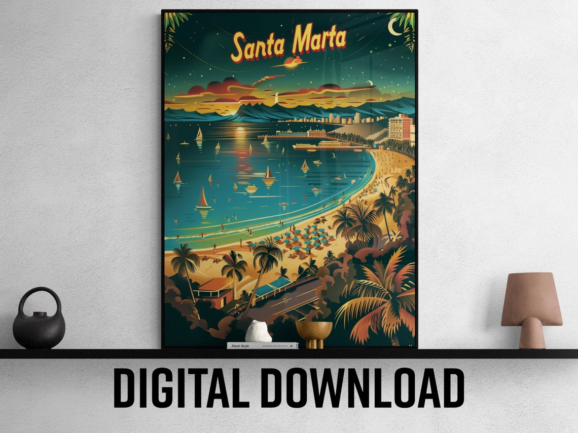 Santa Marta Romantic Starry Night Beach Sailboats Travel Poster
