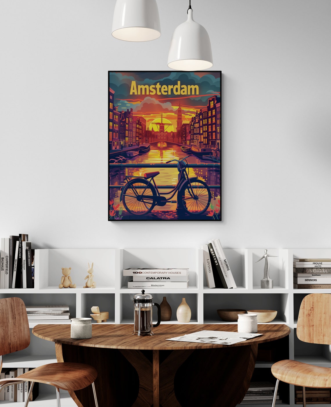 Amsterdam Bicycle Bridge Canal Sunset Windmill Vintage Travel Poster - Image 5