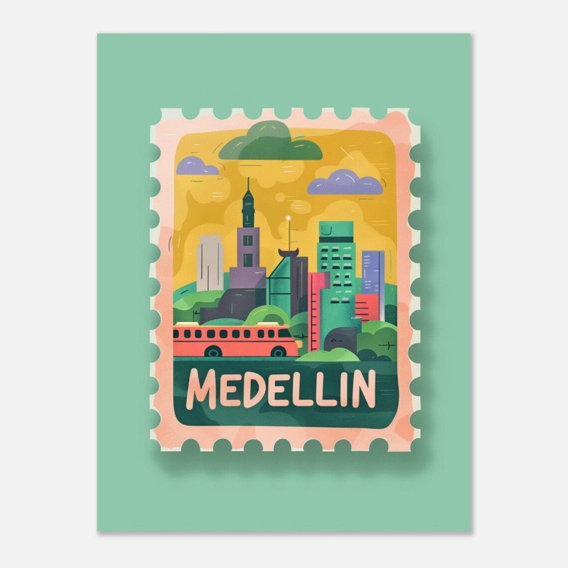 Medellin Colombia Skyline Red Bus Vintage Travel Stamp Poster - Image 5