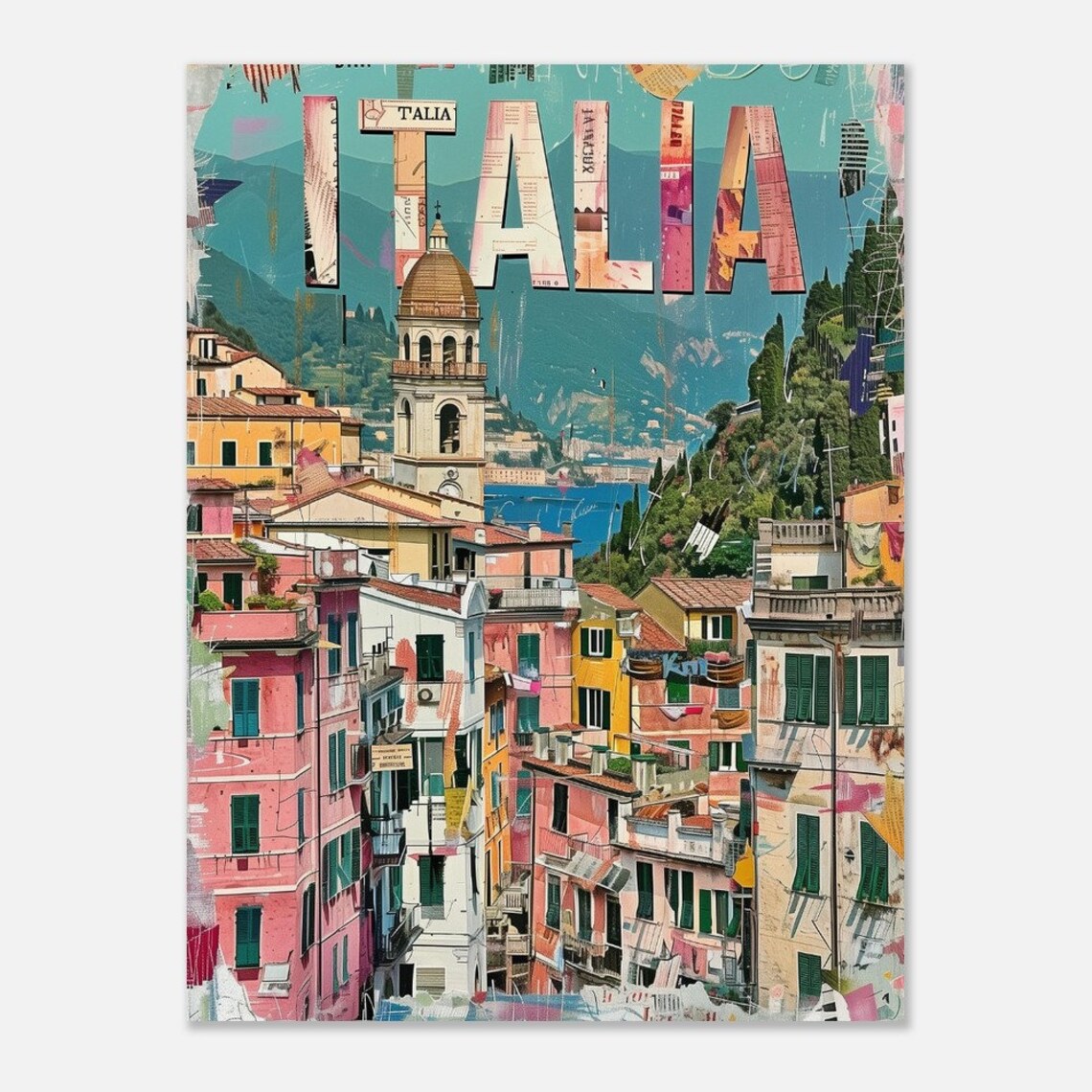 Italia Coastal Hill Town Church Tower Newsprint Letters Travel Poster - Image 2