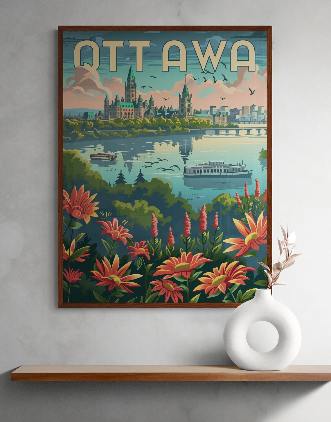 Ottawa Parliament Hill and River Boats Vintage Floral Travel Poster - Image 2
