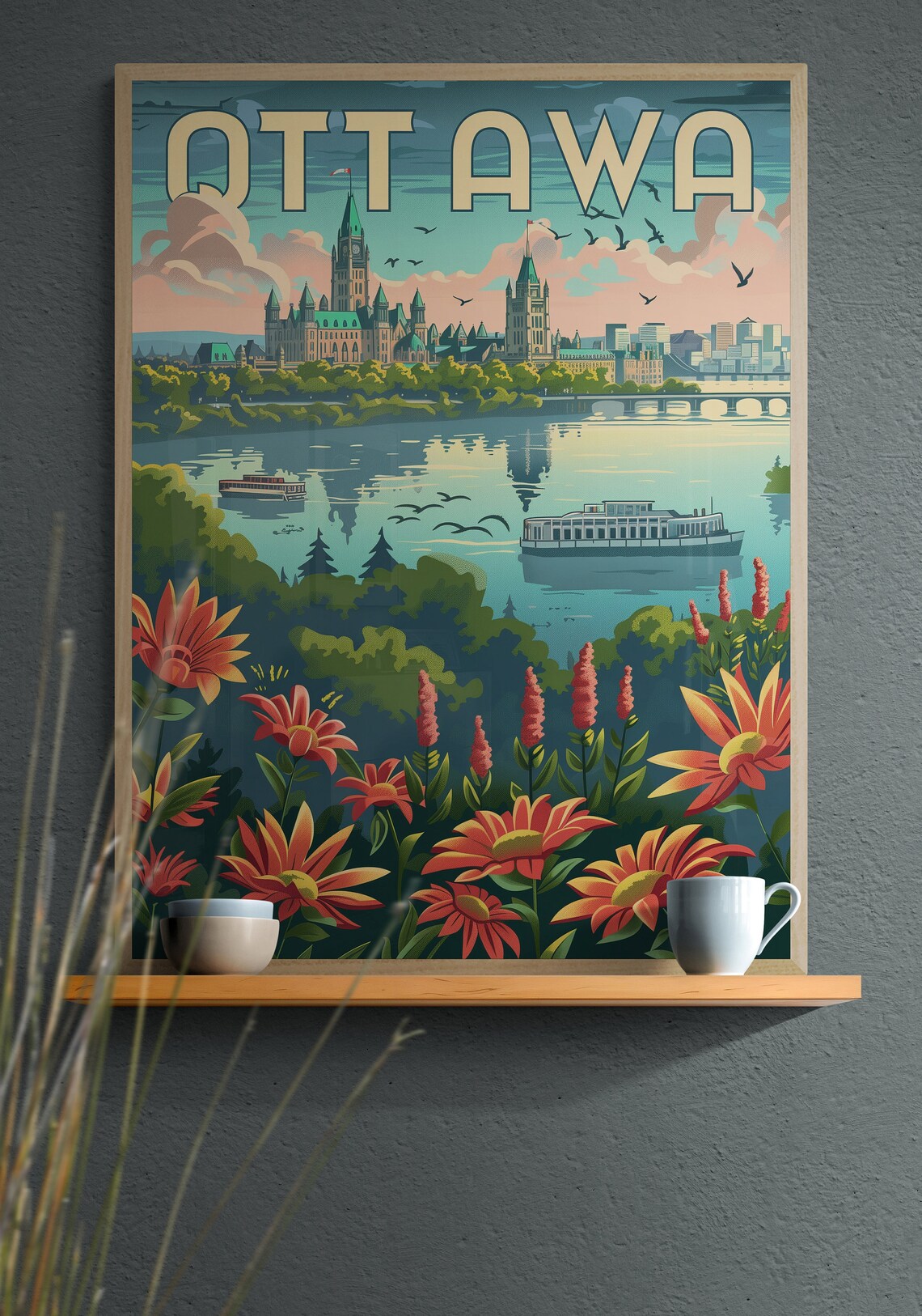 Ottawa Parliament Hill and River Boats Vintage Floral Travel Poster - Image 4