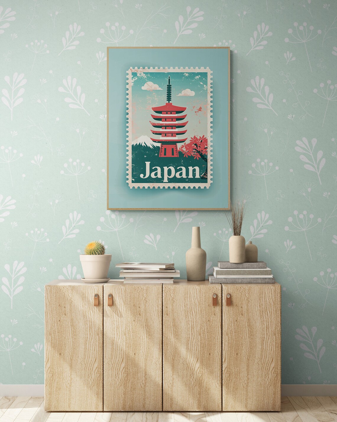 Japan Pagoda Mount Fuji Maple Vintage Stamp Style Travel Poster - Image 4