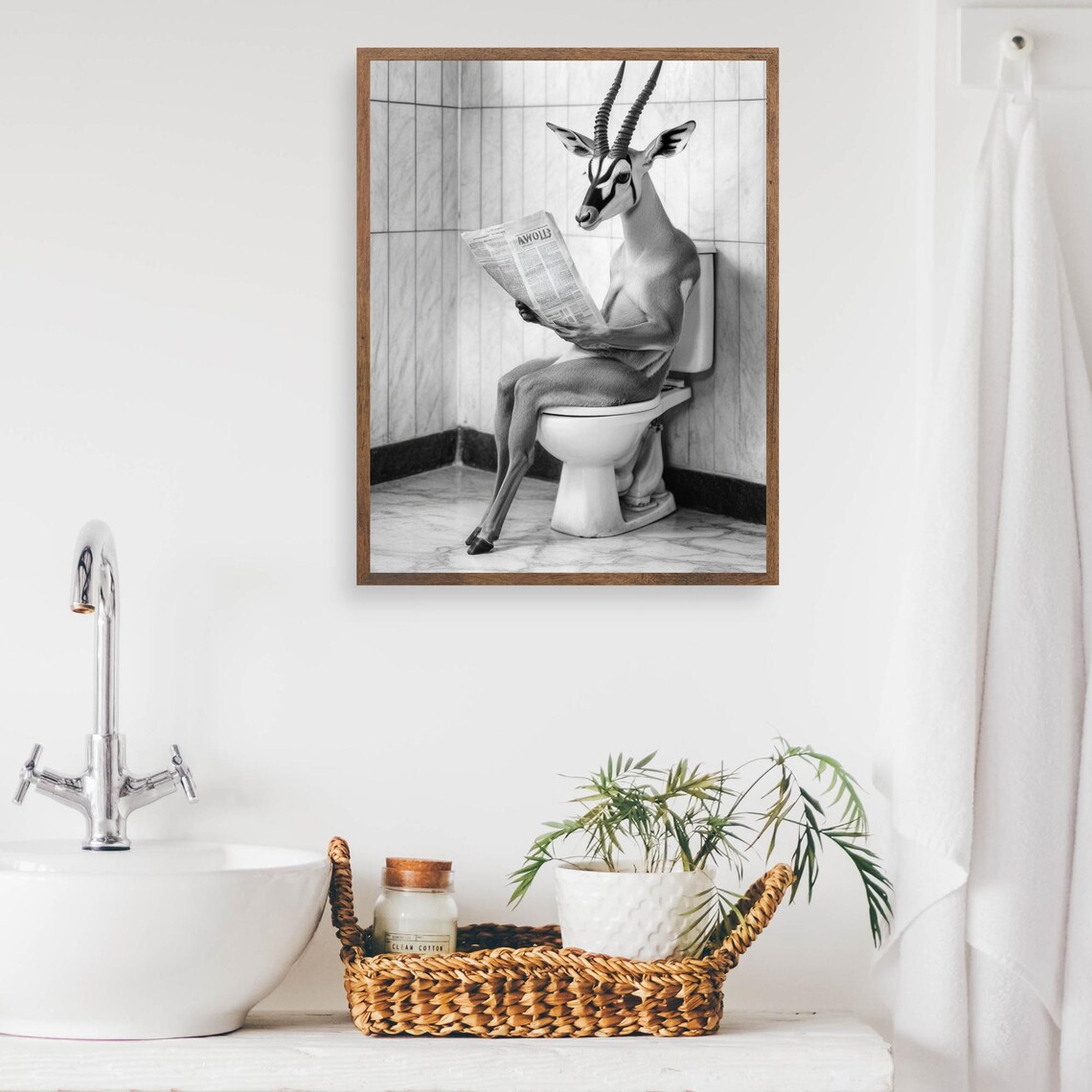 Gazelle Reading a Newspaper on the Toilet in Black and White Poster - Image 2