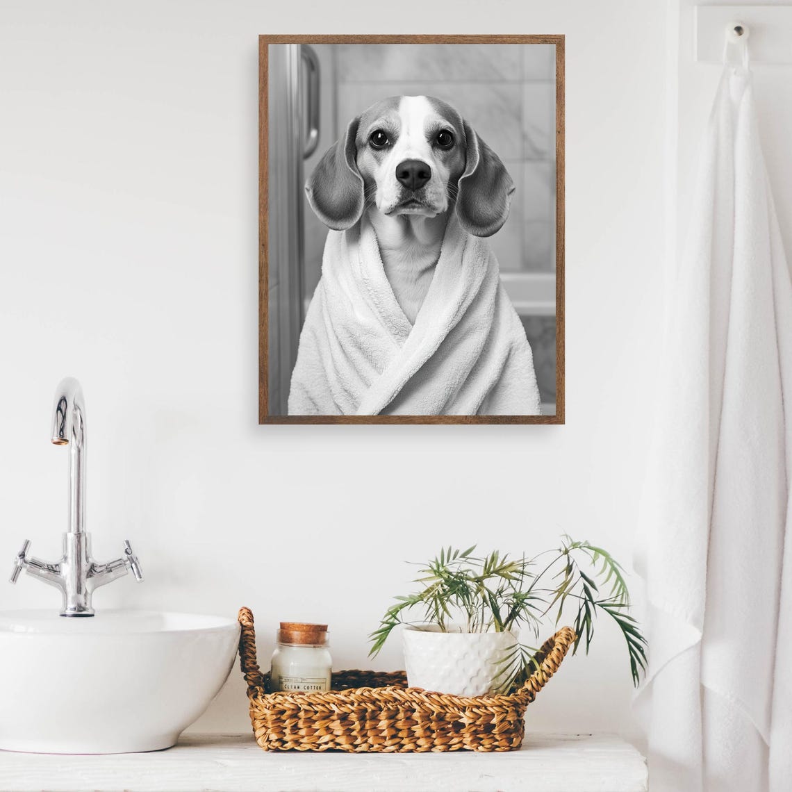 Beagle Wrapped in White Towel Black and White Funny Bathroom Poster - Image 2