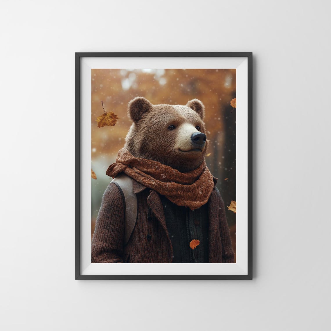 Cute Bear in Fall Coat Scarf Autumn Leaves Whimsical Art Poster - Image 3