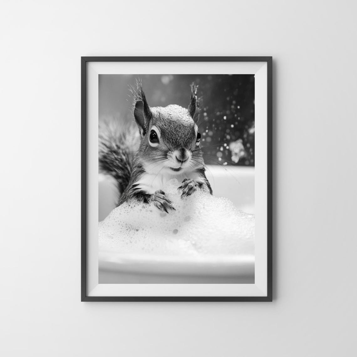 Squirrel Playing in a Bubble Bath Black and White Cute Animal Poster - Image 3