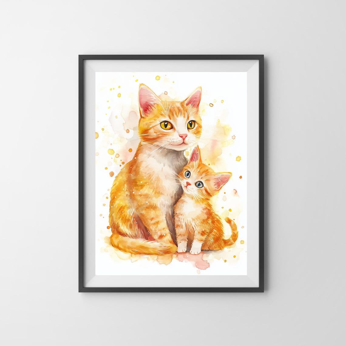 Orange Mama Cat and Kitten Cuddling Watercolor Nursery Room Poster - Image 3
