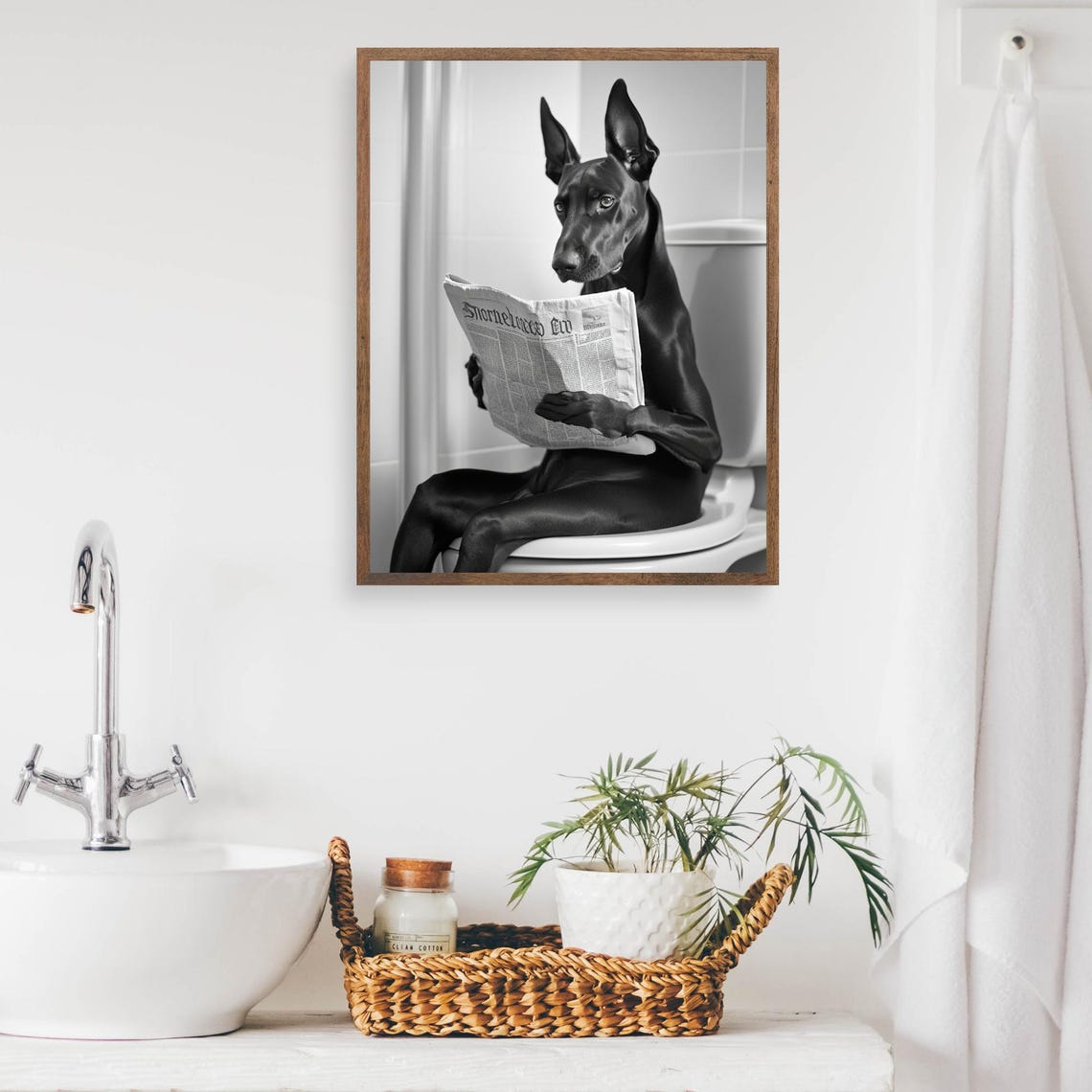 Doberman Sitting On The Toilet Reading A Newspaper Dog On Toilet Wall Art Bathroom Humor Funny Dog Art Toilet Humor Ai Art - Image 2
