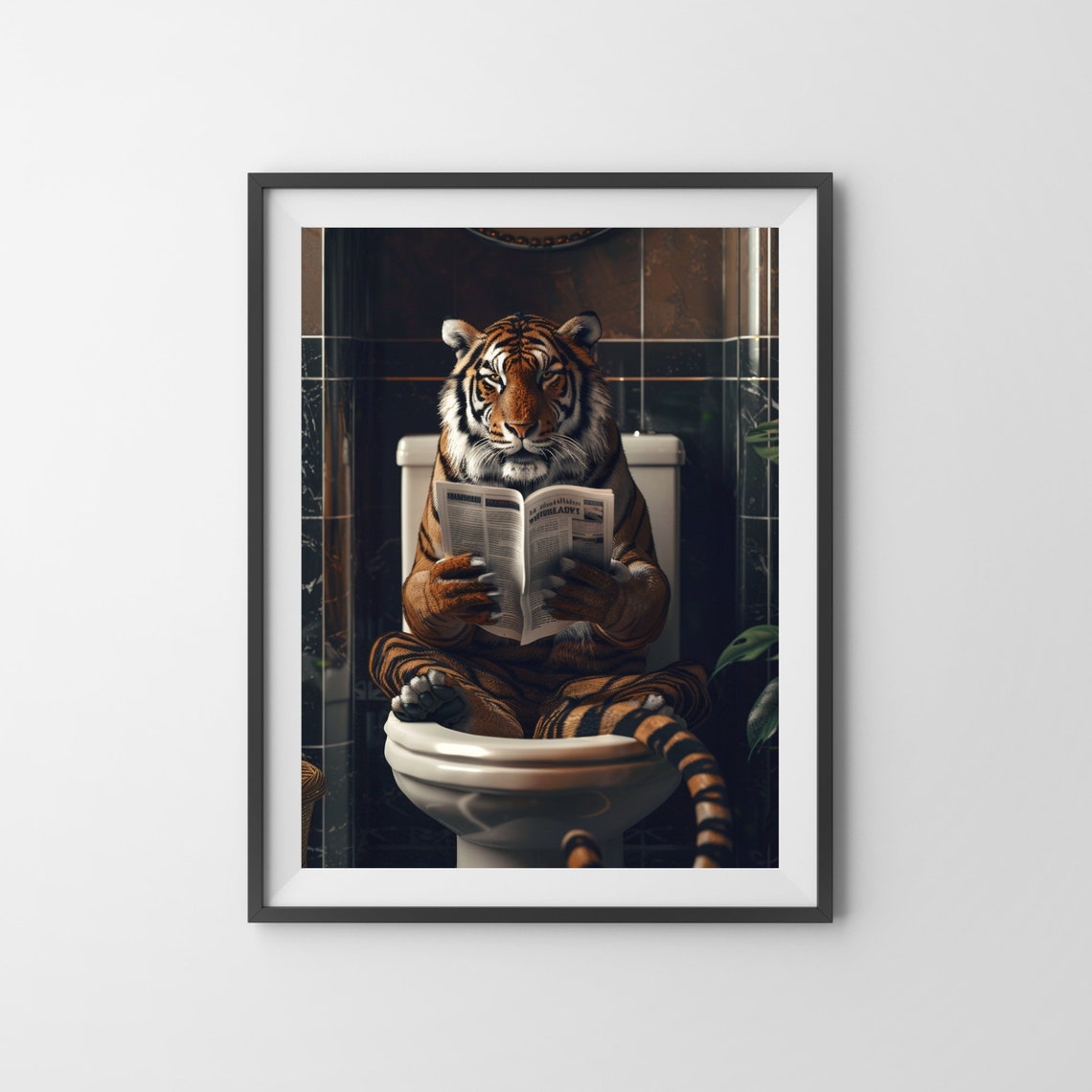 Tiger Reading Newspaper on Toilet Funny Colorful Bathroom Poster - Image 3