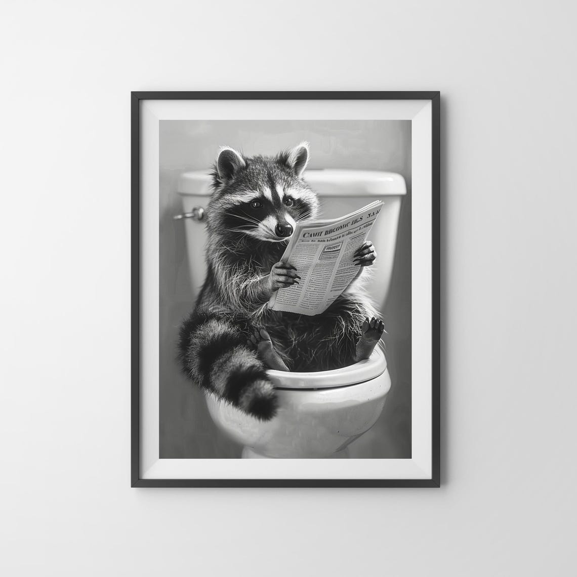Funny Raccoon Sitting on Toilet Reading Newspaper Bathroom Poster - Image 3