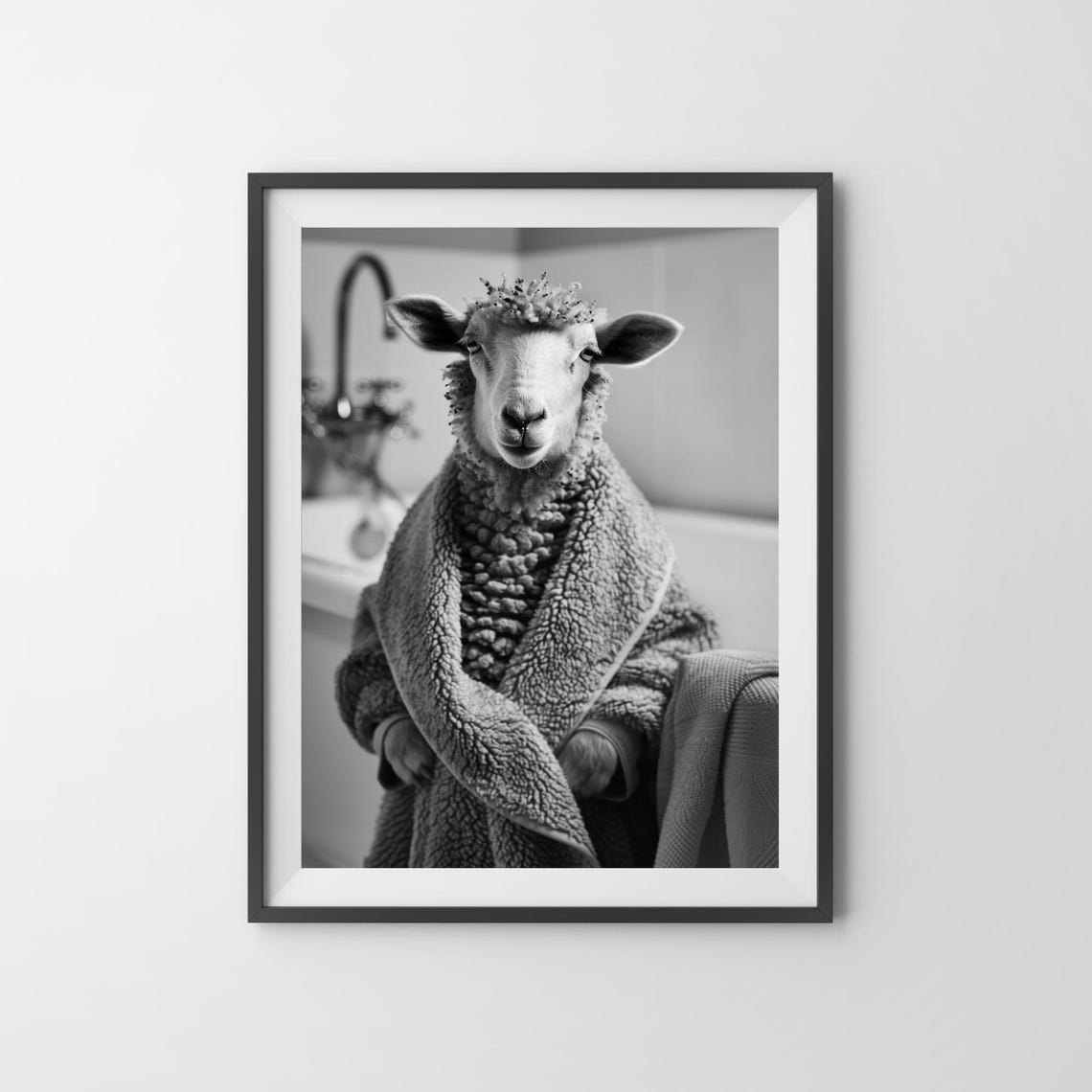 Sheep in a Cozy Fleece Robe in a Black and White Bathroom Poster - Image 3