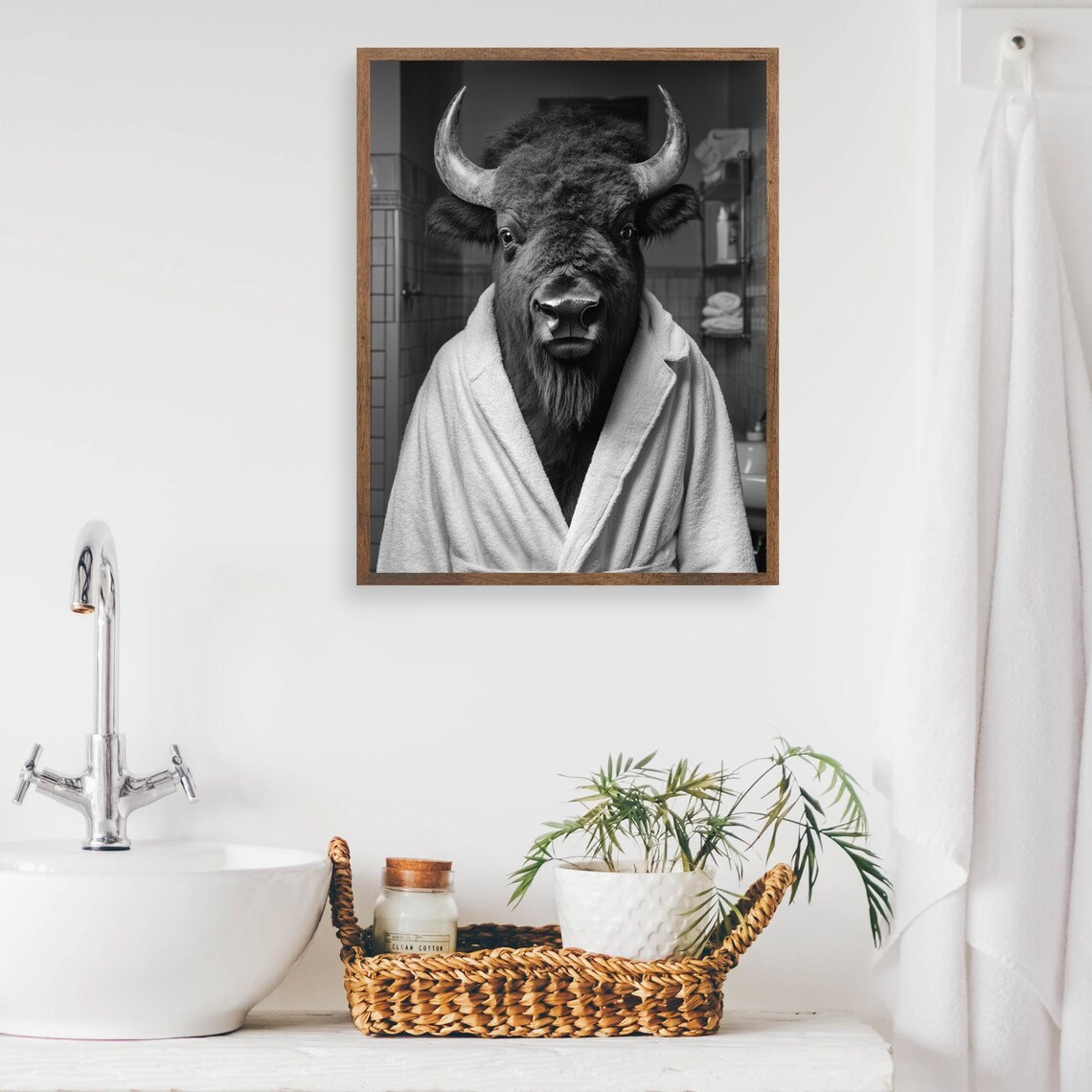 American Bison Wearing a White Bathrobe Black and White Bathroom Poster - Image 2