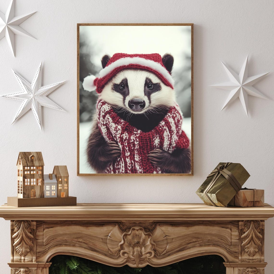 Badger in Santa Hat and Red Knit Sweater Posing in the Snow Poster - Image 2