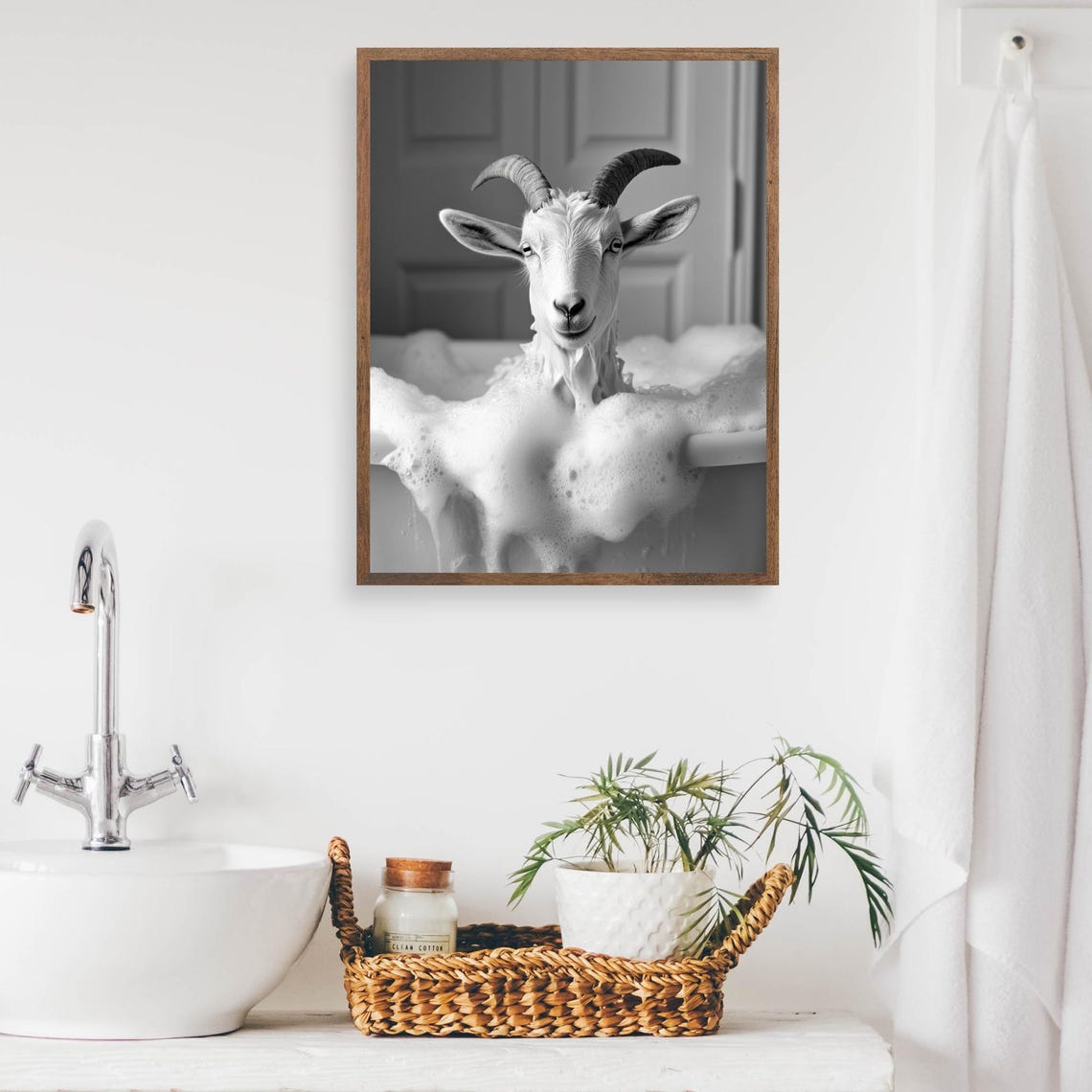 Funny Goat in a Bubble Bath Tub Black and White Bathroom Poster - Image 2