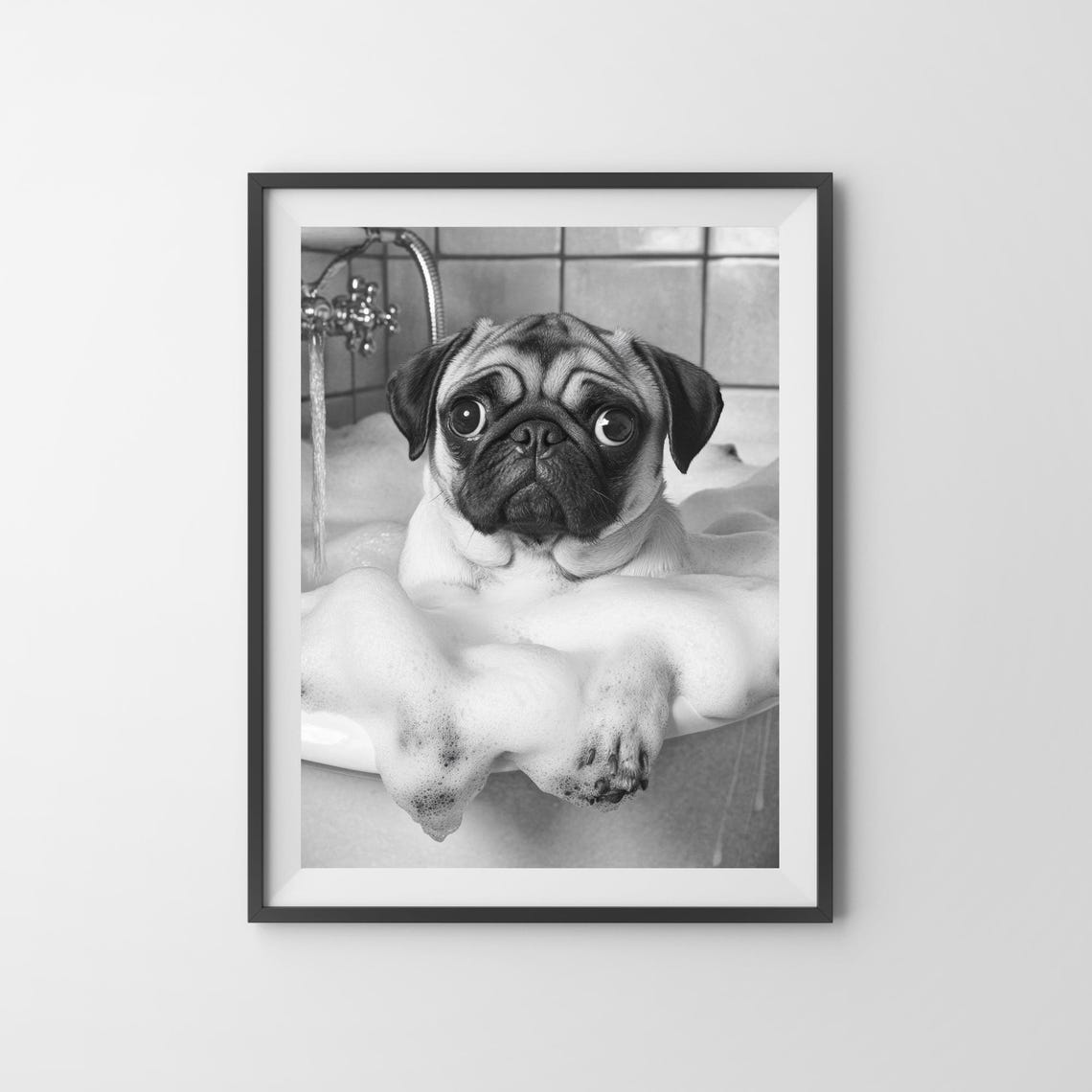Pug Taking a Bubble Bath in Black and White Funny Dog Poster - Image 3