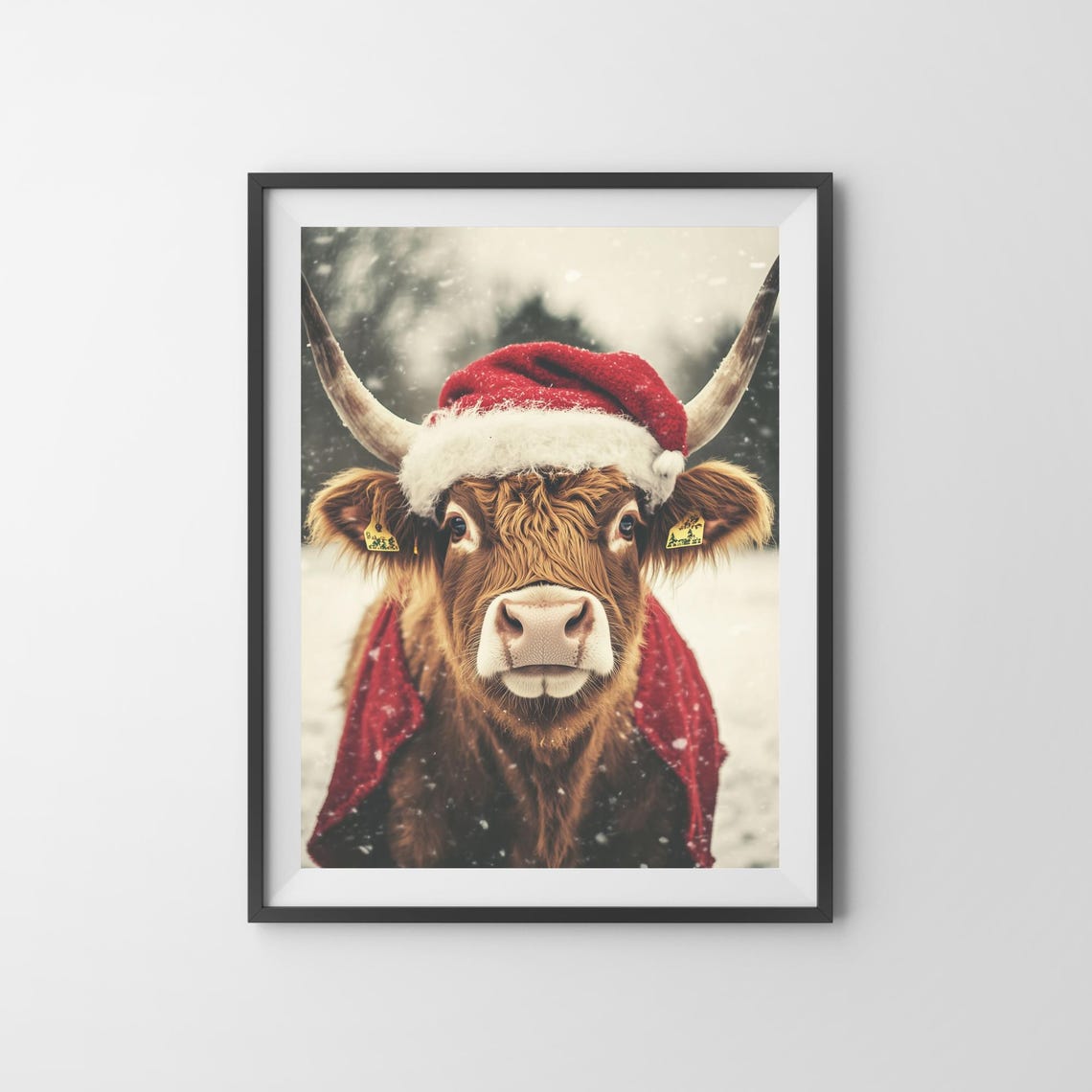 Highland Cow Christmas Art Cute Cow Festive Animal Wall Art Holiday Farmhouse Decor Cozy Winter Cow Print Vintage Ai Art - Image 3