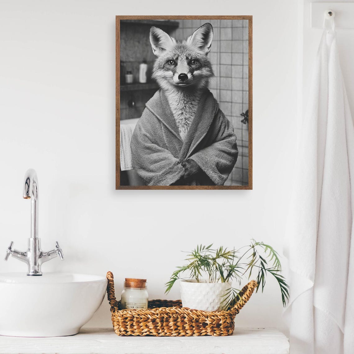 Quirky Fox In A Bathrobe Monochrome Funny Vintage Bathroom Poster - Image 2