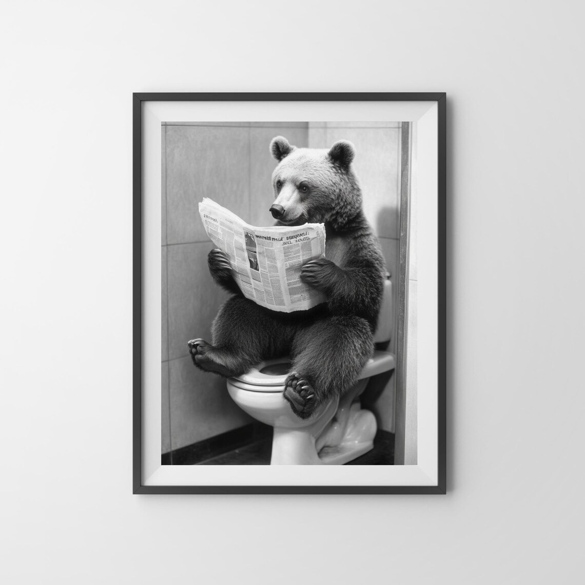 Bear On Toilet Reading Newspaper, Bathroom Poster - Image 3