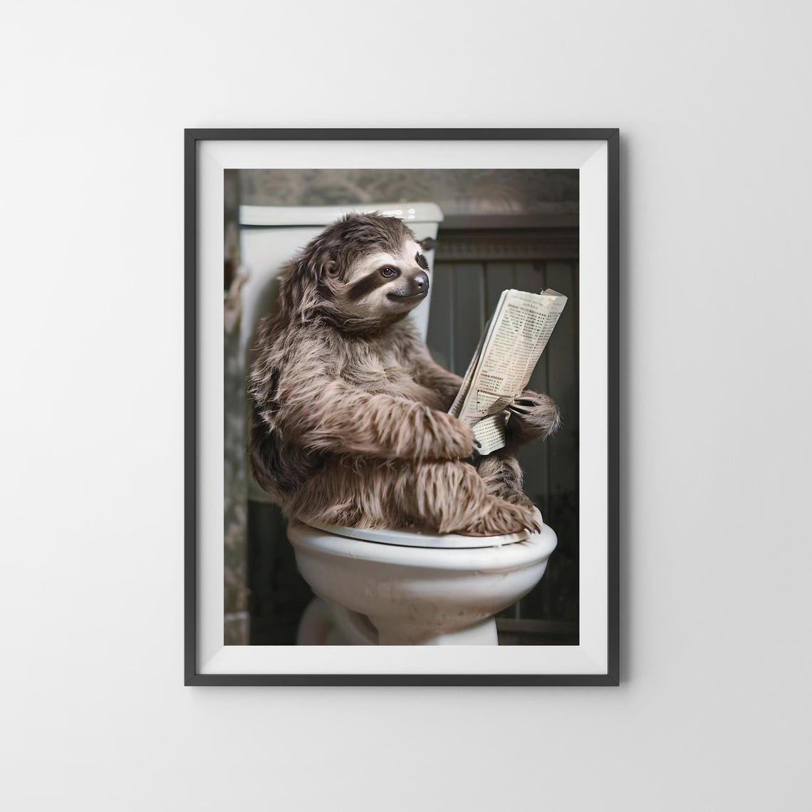 Sloth on the Toilet Reading a Newspaper Funny Bathroom Poster - Image 3