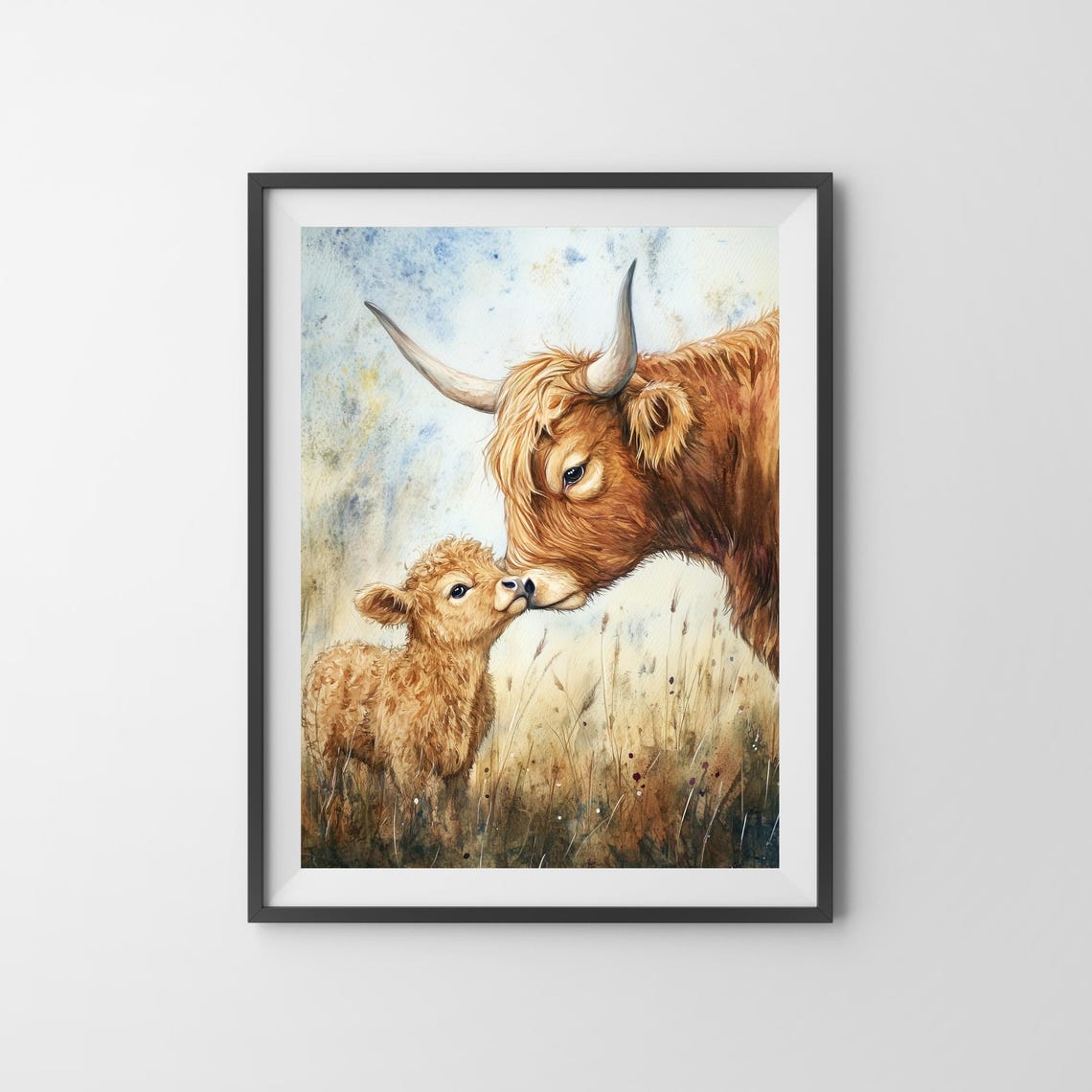 Cute Watercolor Nursery Room Art Mama And Little Highland Cow Print Kids Room Decor Mommy And Me Beautiful Nursery Illustration Ai Art - Image 3