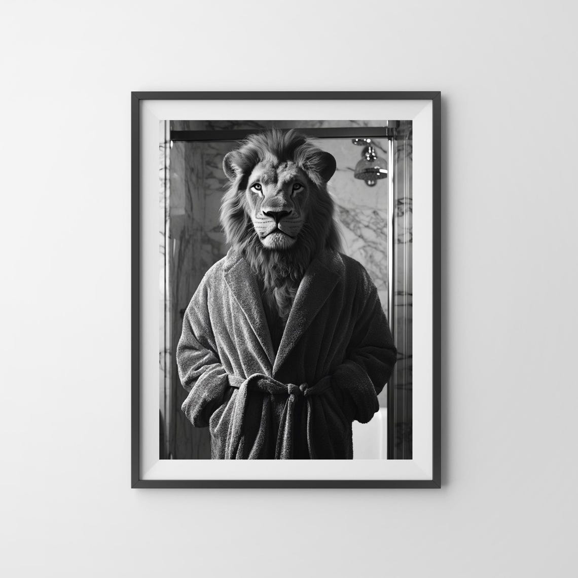 Lion in White Bathrobe Black and White Funny Bathroom Poster - Image 3