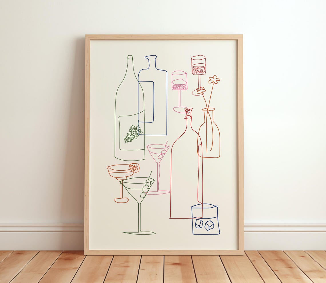 Hand Drawn Cocktail Glasses Colorful Line Art Retro Bar Cart Poster
