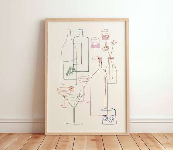 Hand Drawn Cocktail Glasses Colorful Line Art Retro Bar Cart Poster