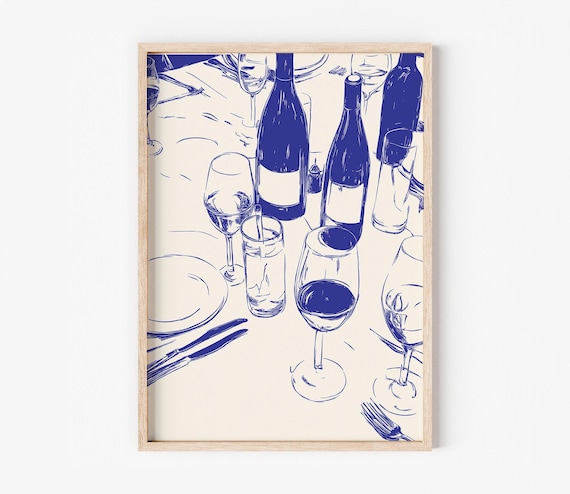 Retro Food Art Poster Dinner Table Print Kitchen Decor Modern Dining Room Wall Bar Cart Wine Illustration