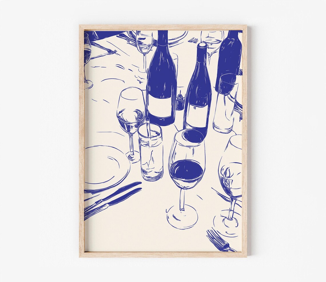 Retro Food Art Poster Dinner Table Print Kitchen Decor Modern Dining Room Wall Bar Cart Wine Illustration