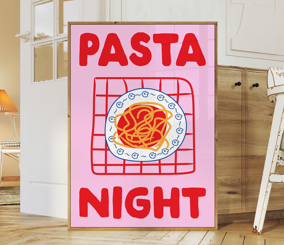 Pasta Night Mid Century Kitchen Poster Print