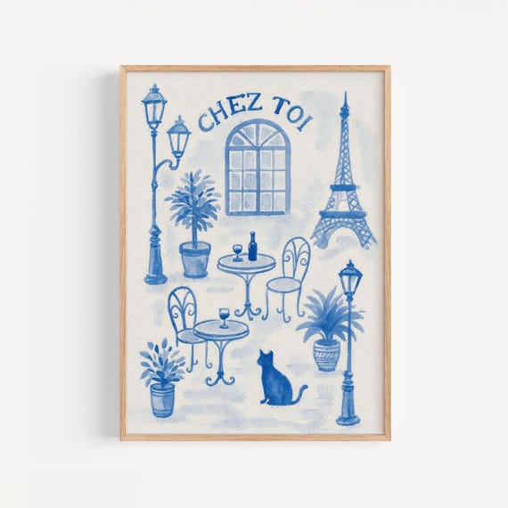 Blue Watercolor Paris Travel Poster, Cottage Core Decor