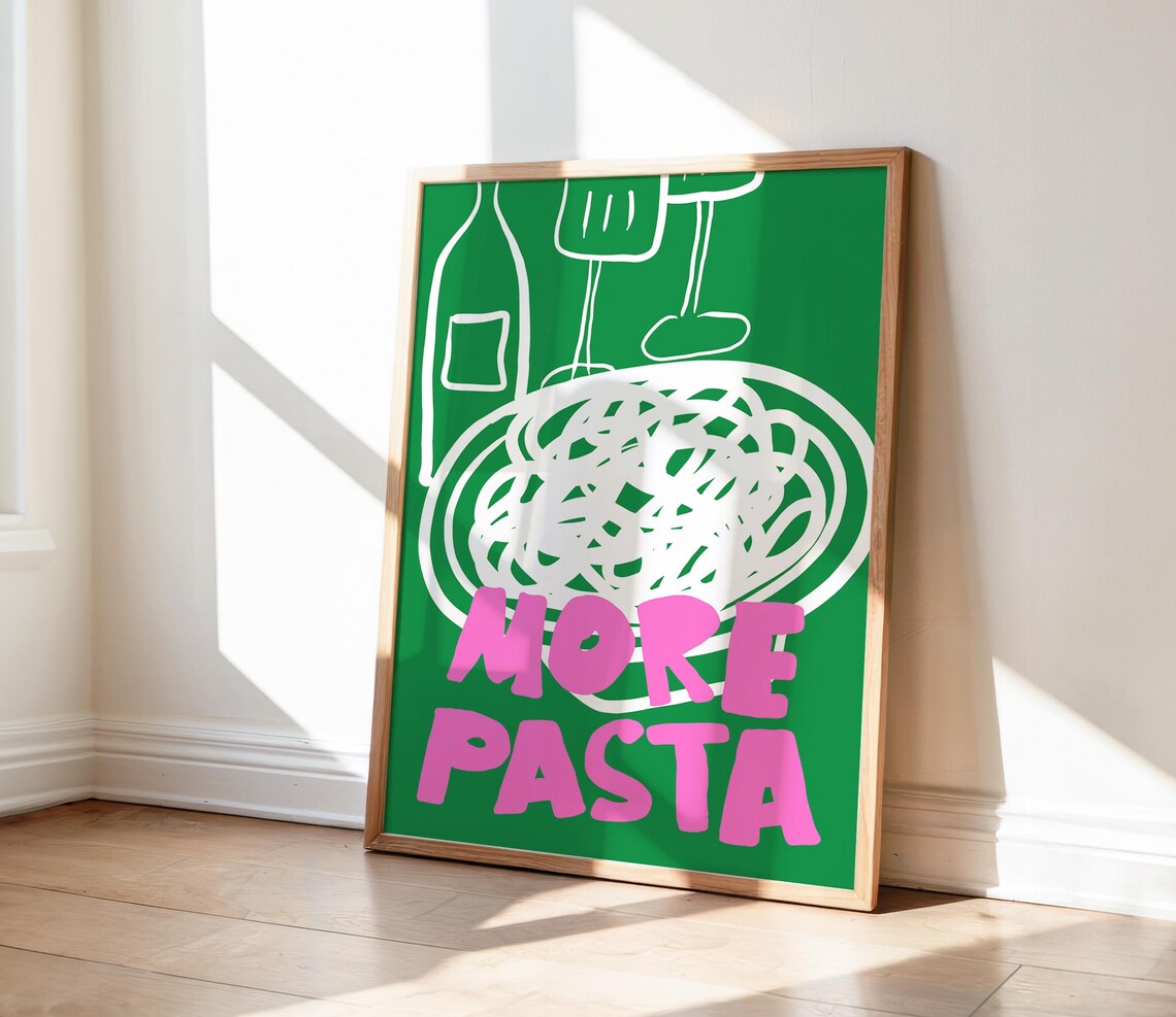 More Pasta Pink Green Retro Italian Kitchen Typography Poster