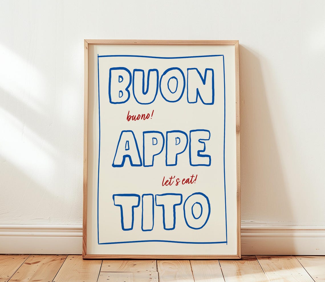 Buon Appetito Blue Hand Lettered Italian Kitchen Quote Poster