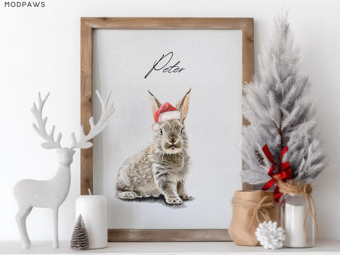 Custom Watercolor Cat Portrait With Santa Hat Christmas Art Print - Image 2
