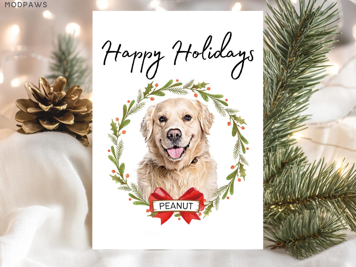 Personalized Golden Retriever Holiday Wreath Pet Christmas Card Print