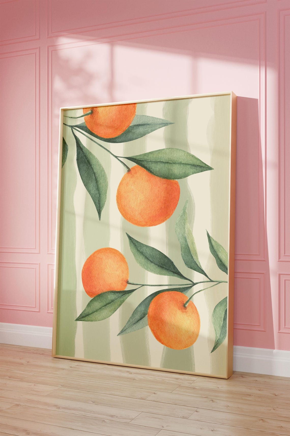 Oranges Watercolor Citrus Branch Green Stripe Kitchen Wall Art